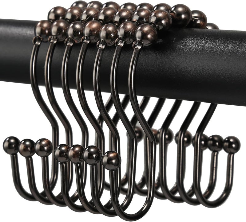 OEH Shower Curtain Hooks, Shower Curtain Rings, Bronze Shower Curtain Hooks Rust Proof, Smooth Gliding Metal Shower Curtain Rings Rust Proof, Double Shower Hooks for Shower Curtain, 12 Pcs, Bronze - Image 1